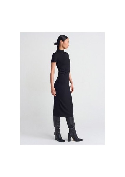 91297 Streç Örme Midi Elbise-Siyah