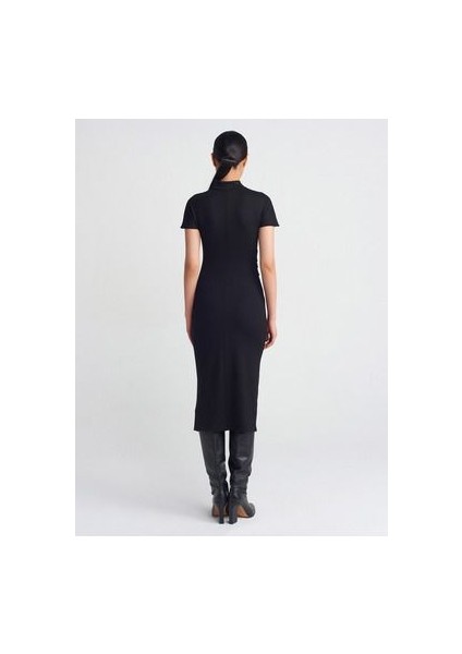 91297 Streç Örme Midi Elbise-Siyah