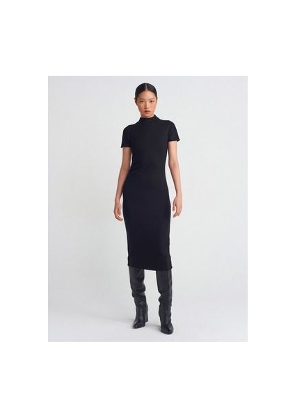 91297 Streç Örme Midi Elbise-Siyah