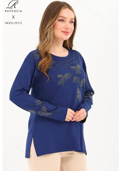 Kadın Orta Yaş ve Üzeri Viskon Gonca Yaprak Desenli Taşlı Işlemeli Likralı Indigo Anne Penye Bluz fiyatları