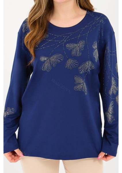 Kadın Orta Yaş ve Üzeri Viskon Gonca Yaprak Desenli Taşlı Işlemeli Likralı Indigo Anne Penye Bluz fırsatları