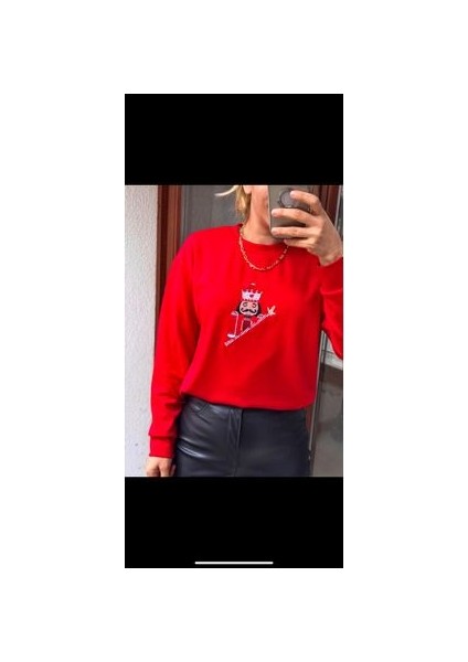 Butikmayamoda Kırmızı Işleme Detayli Modal Kumaş Sweatshirt