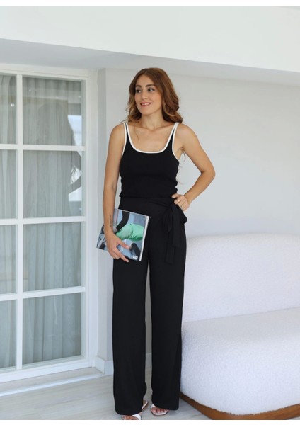 Siyah Bel Bağlama Detay Pantolon