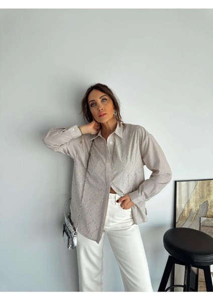 Klein Kadın Çizgili Taş Işlemeli Şık Gömlek modelleri