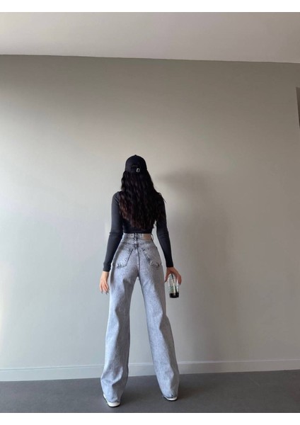 Likralı Salaş Kadın Mavi Kar Yıkama Süper Yüksek Bel Salaş Paça Denim Kot Pantolon modelleri