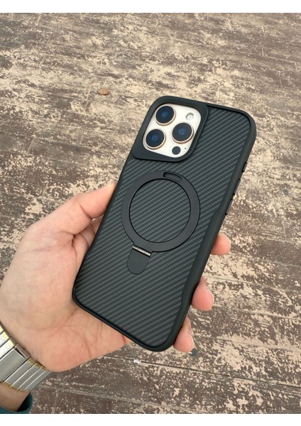 Samsung S25 Ultra Siyah Pinaple Karbonfiber Standlı Magsafe Telefon Kılıfı