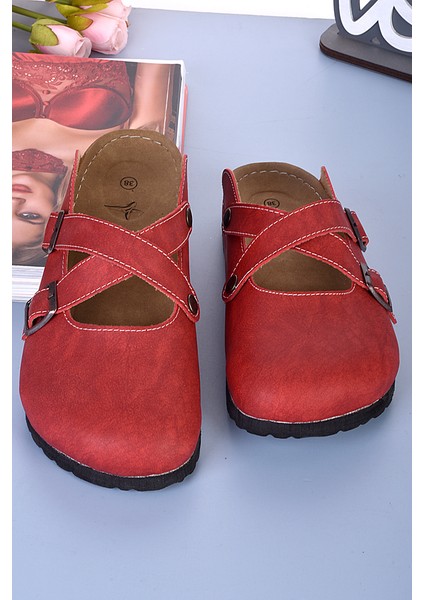 8104 Kırmızı Renkli Çapraz Sabo Terlik modelleri