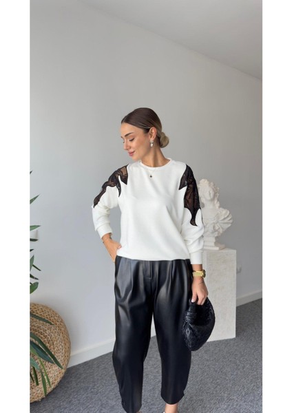 Klein Kadın Omzu ve Sırtı Dantel Detaylı Premium Sweatshirt