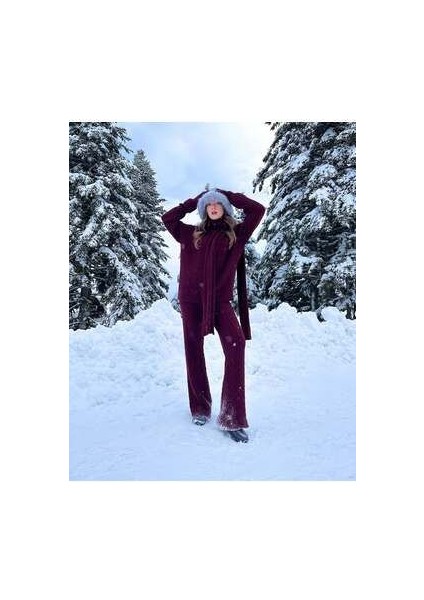 Kadın Bordo Atkılı Saç Örgülü Triko Pantolon Takım fiyatları