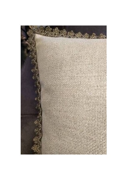 Kırlent Kılıfı 43 x 43 cm Keten Görünümlü Simli Ithal Güpürlü Leke Tutmaz