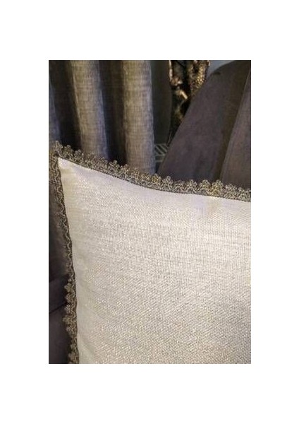 Kırlent Kılıfı 43 x 43 cm Keten Görünümlü Simli Ithal Güpürlü Leke Tutmaz