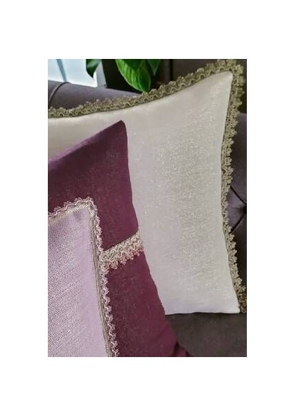 Kırlent Kılıfı 43 x 43 cm Keten Görünümlü Simli Ithal Güpürlü Leke Tutmaz