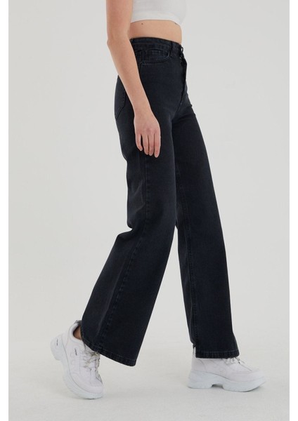 Zero Max New Star Solmaz Siyah Likralı Bol Paça Jean - Salaş Wide Leg Kot Pantolon (Süper Yüksek)
