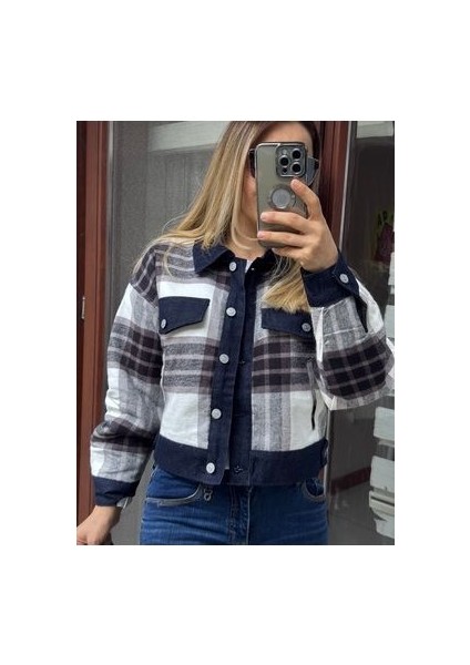 Butikmayamoda Premium Içi Kapitoneli Kot Detaylı Ekose Desenli Kaşe Ceket Mont