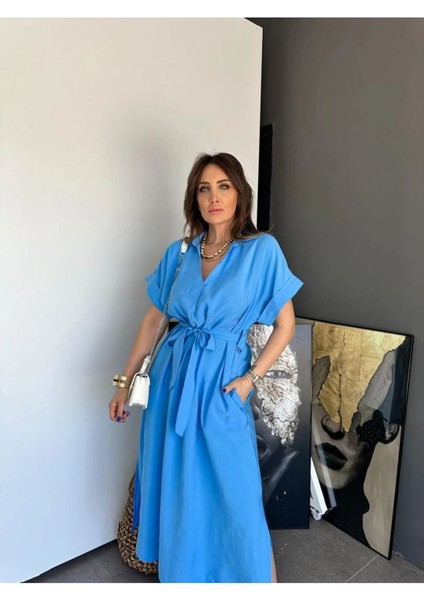 Egzotik Asortik Kadın Kısa Kollu Beli Kuşaklı V Polo Yaka Aerobin Elbise fırsatları