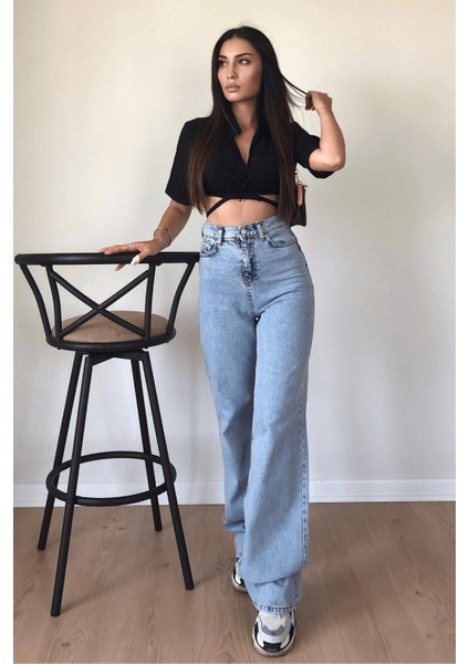 Mandy x Koyu Mavi Kar Yıkama Salaş Palazzo Wideleg Jean Power Likra Kadın Yüksek Bel