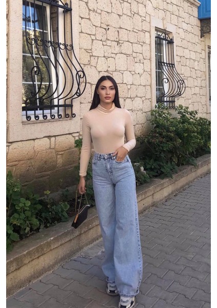 Mandy x Koyu Mavi Kar Yıkama Salaş Palazzo Wideleg Jean Power Likra Kadın Yüksek Bel