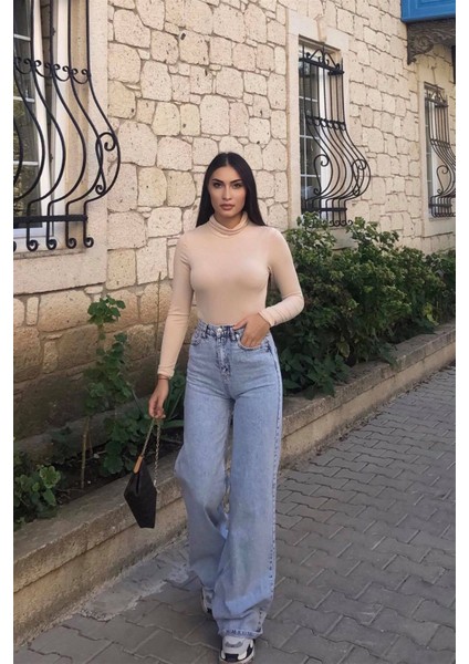Mandy x Koyu Mavi Kar Yıkama Salaş Palazzo Wideleg Jean Power Likra Kadın Yüksek Bel