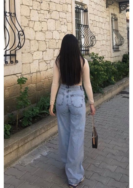 Mandy x Koyu Mavi Kar Yıkama Salaş Palazzo Wideleg Jean Power Likra Kadın Yüksek Bel