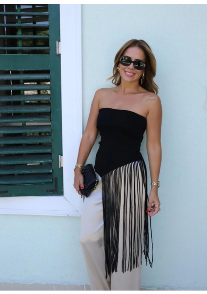 Siyah Straplez Saçak Detay Tasarım Triko Bluz