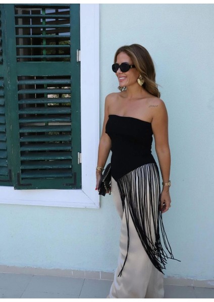 Siyah Straplez Saçak Detay Tasarım Triko Bluz indirimleri