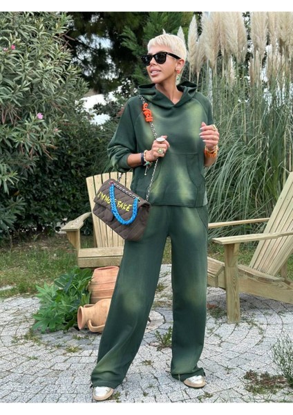Egzotik Asortik Kadın Taşlama Desenli Kapüşonlu Sweatshirt ve Bol Paça Pantolonlu Ikili Takım fiyatları