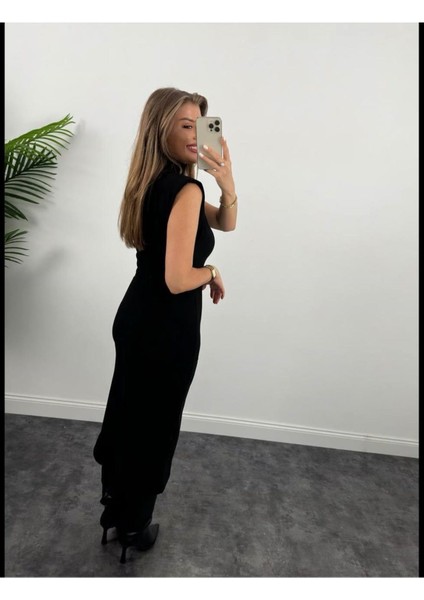 Mzr Collection Kadın Ottoman Kumaş Toparlayıcı Sıfır Kol Dik Yaka Vatkalı Kolsuz Kalem Elbise