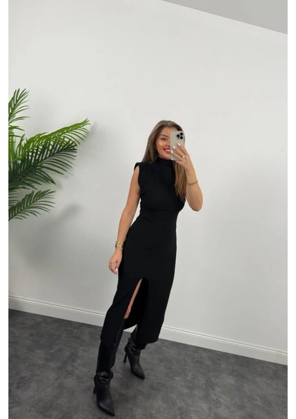 Mzr Collection Kadın Ottoman Kumaş Toparlayıcı Sıfır Kol Dik Yaka Vatkalı Kolsuz Kalem Elbise modelleri