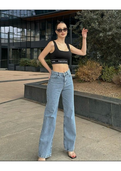 Kadın Mavi Yüksek Bel Geniş Paça Bol,salaş Palazzo Jeans