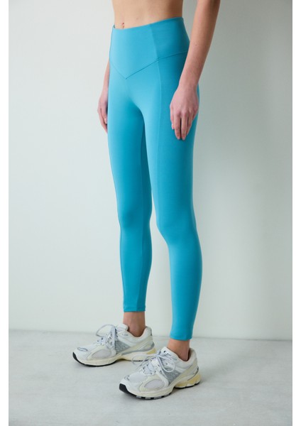 Turkuaz Mavi Yüksek Bel Stitch Waist Dikiş Detaylı Bilek Boy Tayt