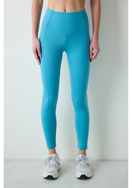Turkuaz Mavi Yüksek Bel Stitch Waist Dikiş Detaylı Bilek Boy Tayt fiyatları