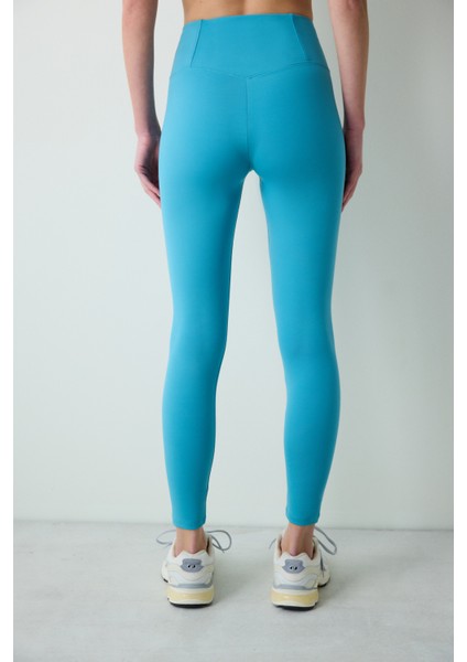 Turkuaz Mavi Yüksek Bel Stitch Waist Dikiş Detaylı Bilek Boy Tayt modelleri