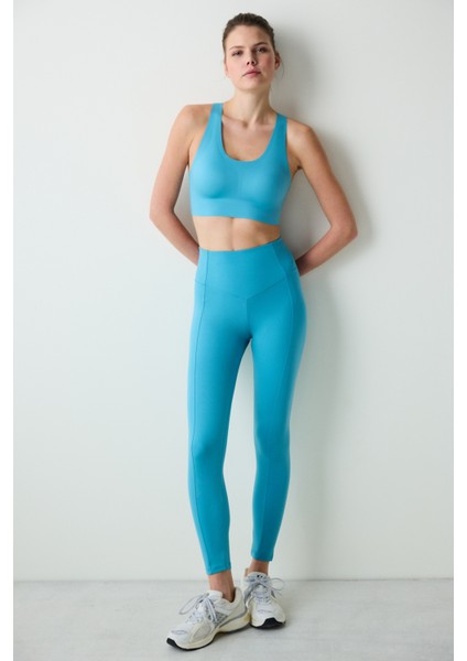 Turkuaz Mavi Yüksek Bel Stitch Waist Dikiş Detaylı Bilek Boy Tayt fırsatları