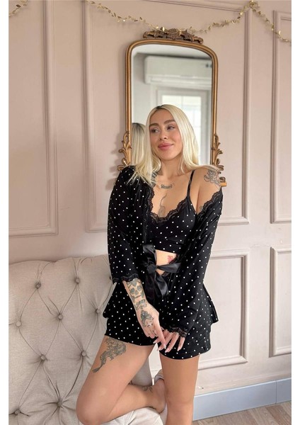 Siyah Puan Desenli Bambu Crop Sabahlıklı Şortlu Kadın Pijama Takımı