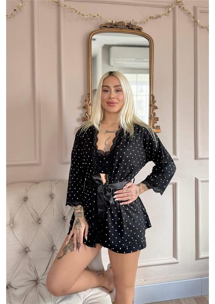 Siyah Puan Desenli Bambu Crop Sabahlıklı Şortlu Kadın Pijama Takımı