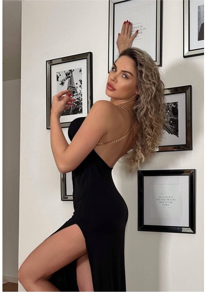 Bıg Fashıon Kadın Zincir Omuzlu Sırtı Çapraz Derin Yırtmaçlı Elbise modelleri