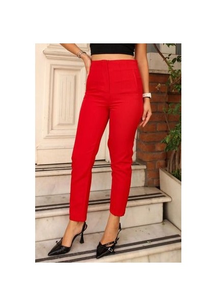 Yüksek Bel Pensli Bilek Boy Toparlayıcı %70 Pamuk % 30 Polyester Likralı Kırmızı Pantolon
