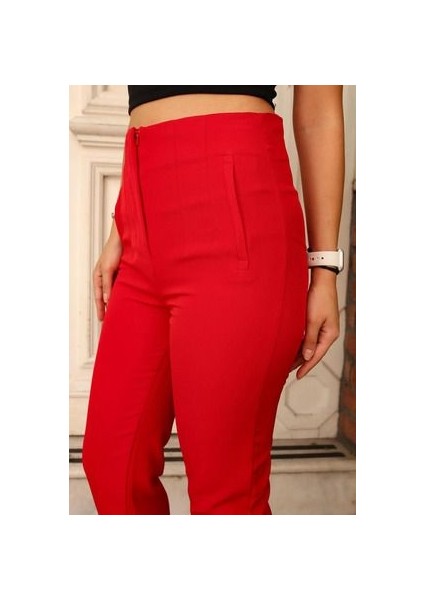 Yüksek Bel Pensli Bilek Boy Toparlayıcı %70 Pamuk % 30 Polyester Likralı Kırmızı Pantolon