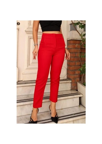 Yüksek Bel Pensli Bilek Boy Toparlayıcı %70 Pamuk % 30 Polyester Likralı Kırmızı Pantolon