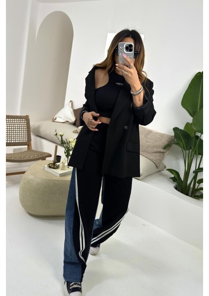 Bebe Plus Siyah Şeritli Arkası Jean Beli Bağlamalı Tasarım Pantolon