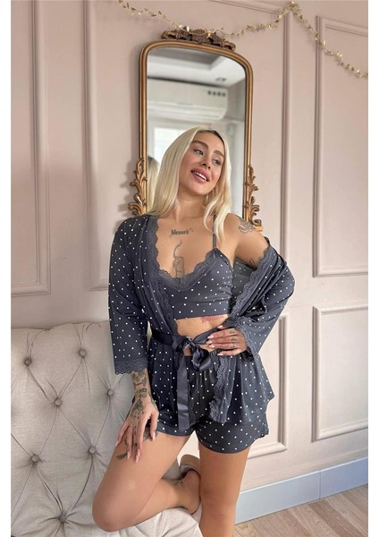 Füme Puan Desenli Bambu Crop Sabahlıklı Şortlu Kadın Pijama Takımı