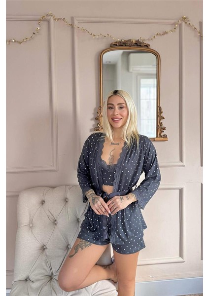 Füme Puan Desenli Bambu Crop Sabahlıklı Şortlu Kadın Pijama Takımı
