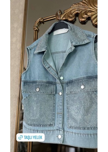Mzr Collection Kadın Cebi ve Yakası Taş Işlemeli Kot Yelek
