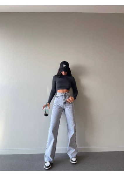 Likralı Salaş Kadın Mavi Kar Yıkama Süper Yüksek Bel Salaş Paça Denim Kot Pantolon