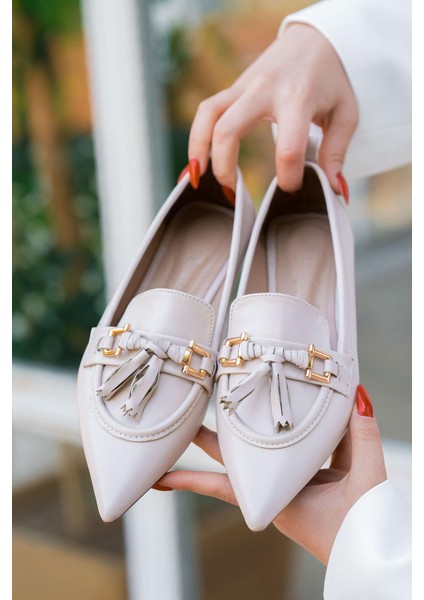 Franky Kadın Püsküllü Deri Babet Ekru