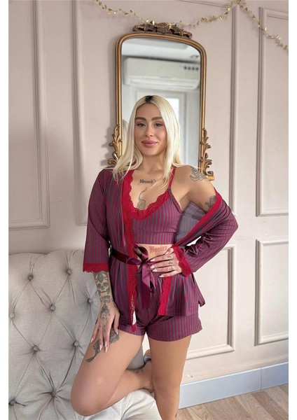 Kırmızı Füme Çizgi Desenli Bambu Crop Sabahlıklı Şortlu Kadın Pijama Takımı fiyatları