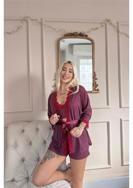 Kırmızı Füme Çizgi Desenli Bambu Crop Sabahlıklı Şortlu Kadın Pijama Takımı modelleri