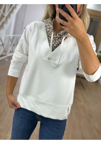 Bebe Plus Kadın Kapüşon V Yakası Leopar Desenli Pamuk Sweatshirt