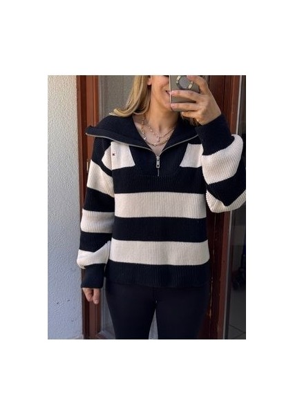 Butikmayamoda Cizgili Yarim Fermuarli Triko Kazak