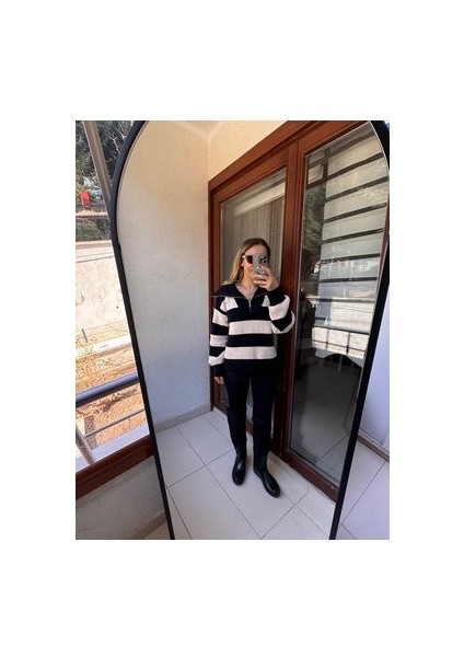 Butikmayamoda Cizgili Yarim Fermuarli Triko Kazak fiyatları